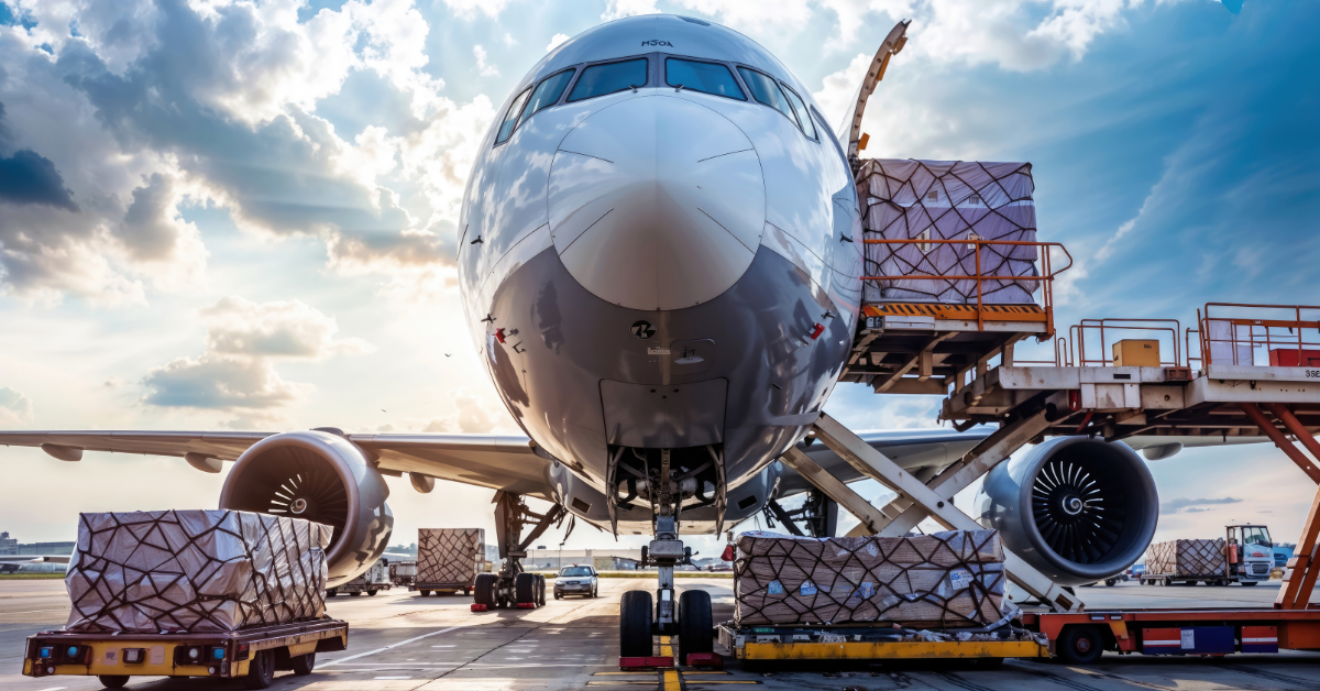 cargo being loaded onto cargo airplane